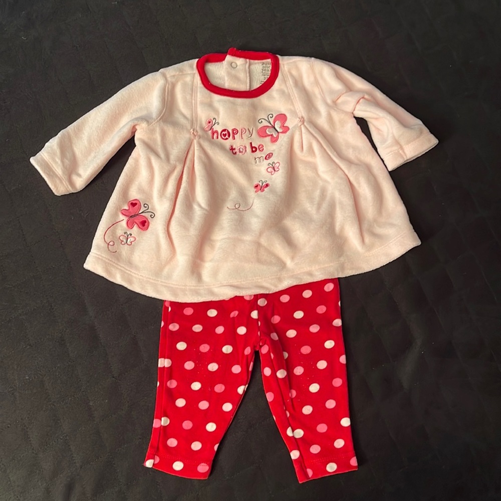 Just One Year 2 Piece Outfit - leggings & fleece shirt. Size: 3 months.